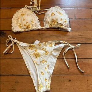 aerie White and Yellow Floral Crochet Trim Triangle Bikini